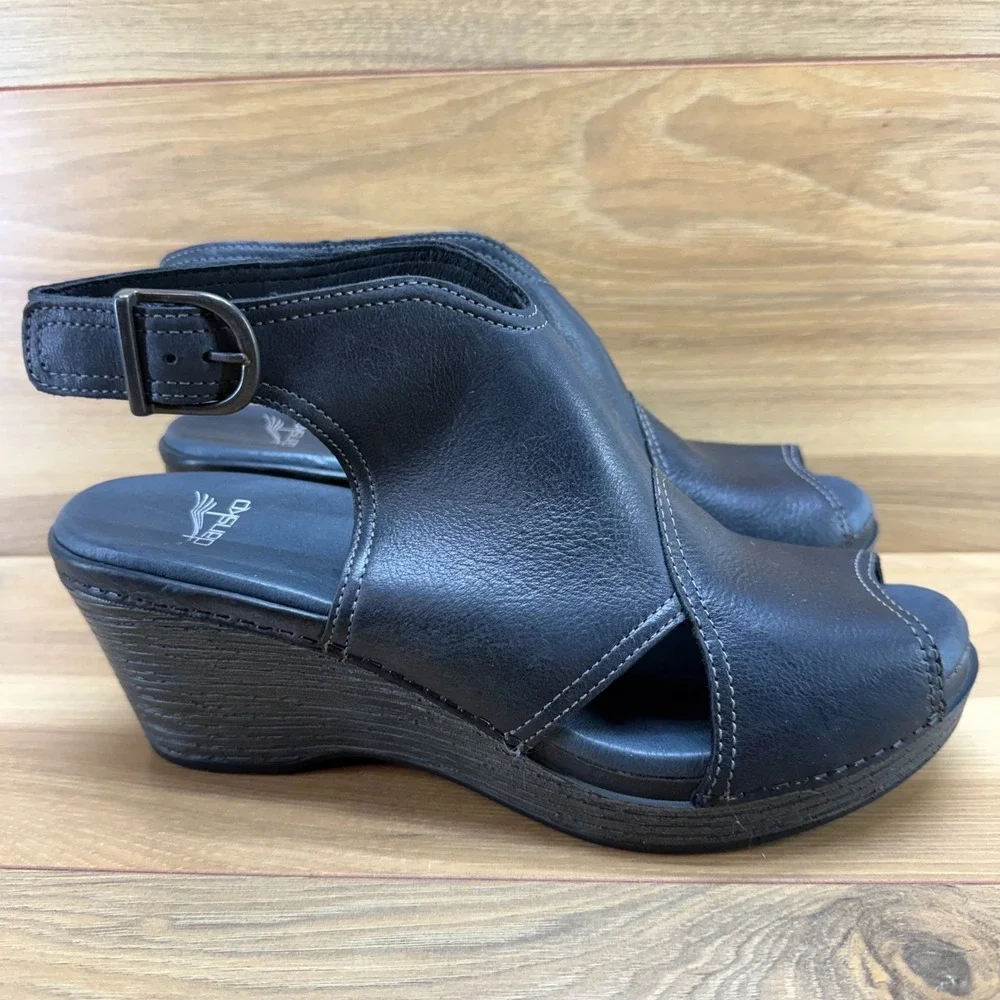DANSKO Vanda Wedge Sandals Peep Toe 11‎ EU 41 Black Leather Walking Vacation